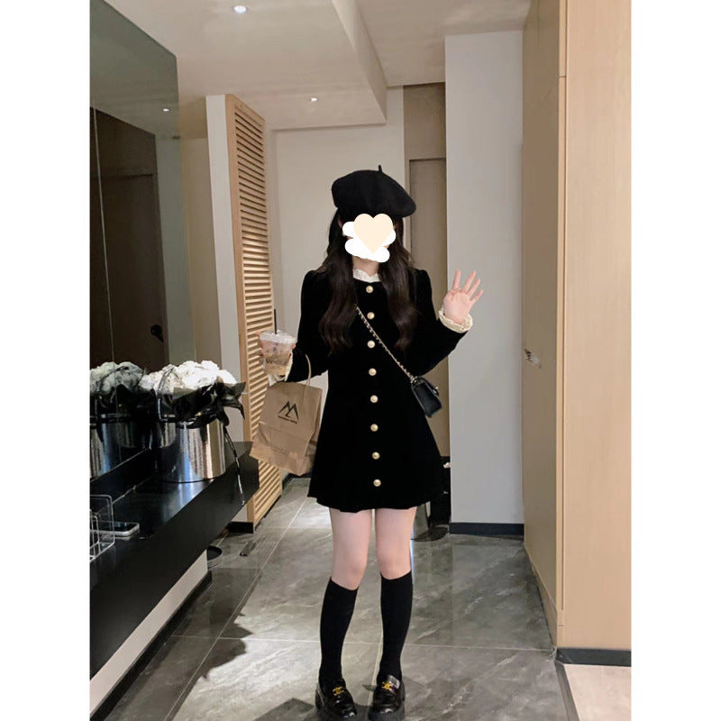 French velvet dress women's long-sleeved small black dress 2025 autumn and winter new single-breasted design waist and thin temperament