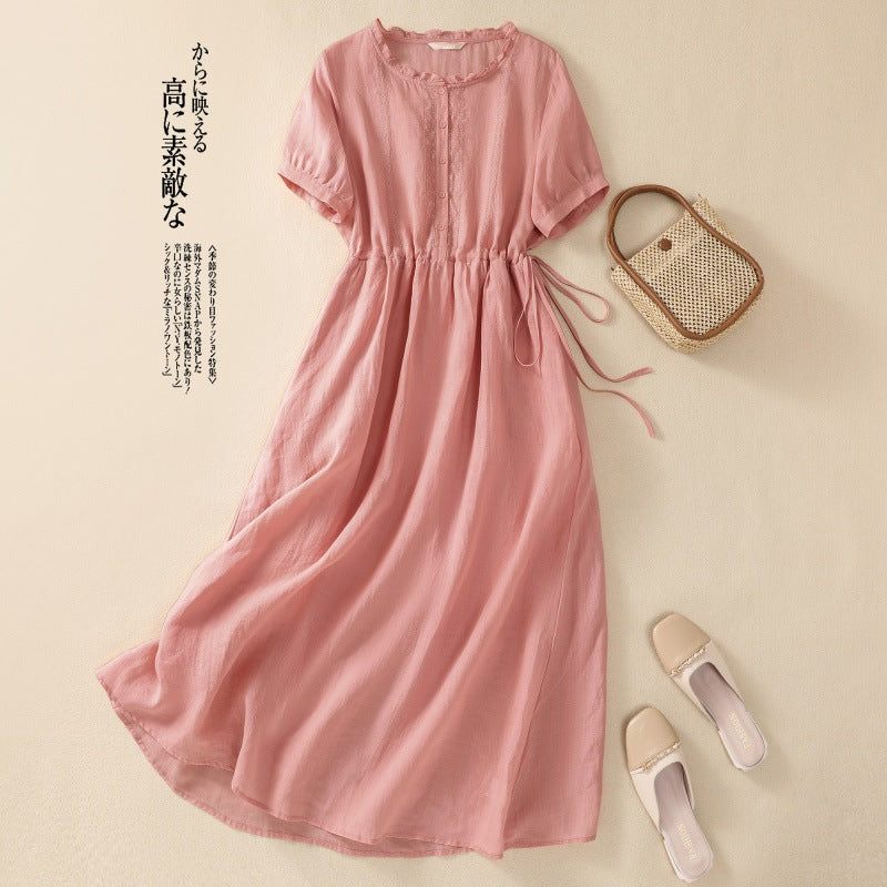Real shot 2025 summer new cotton and linen literary commuting simple solid color light and thin medium and long dress women