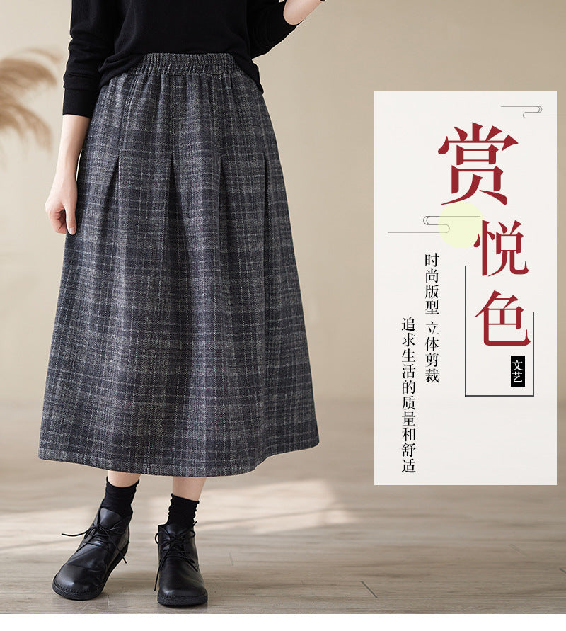 Real shot 2024 autumn new literary loose plaid elastic waist skirt women's medium and long A-shaped skirt #3731