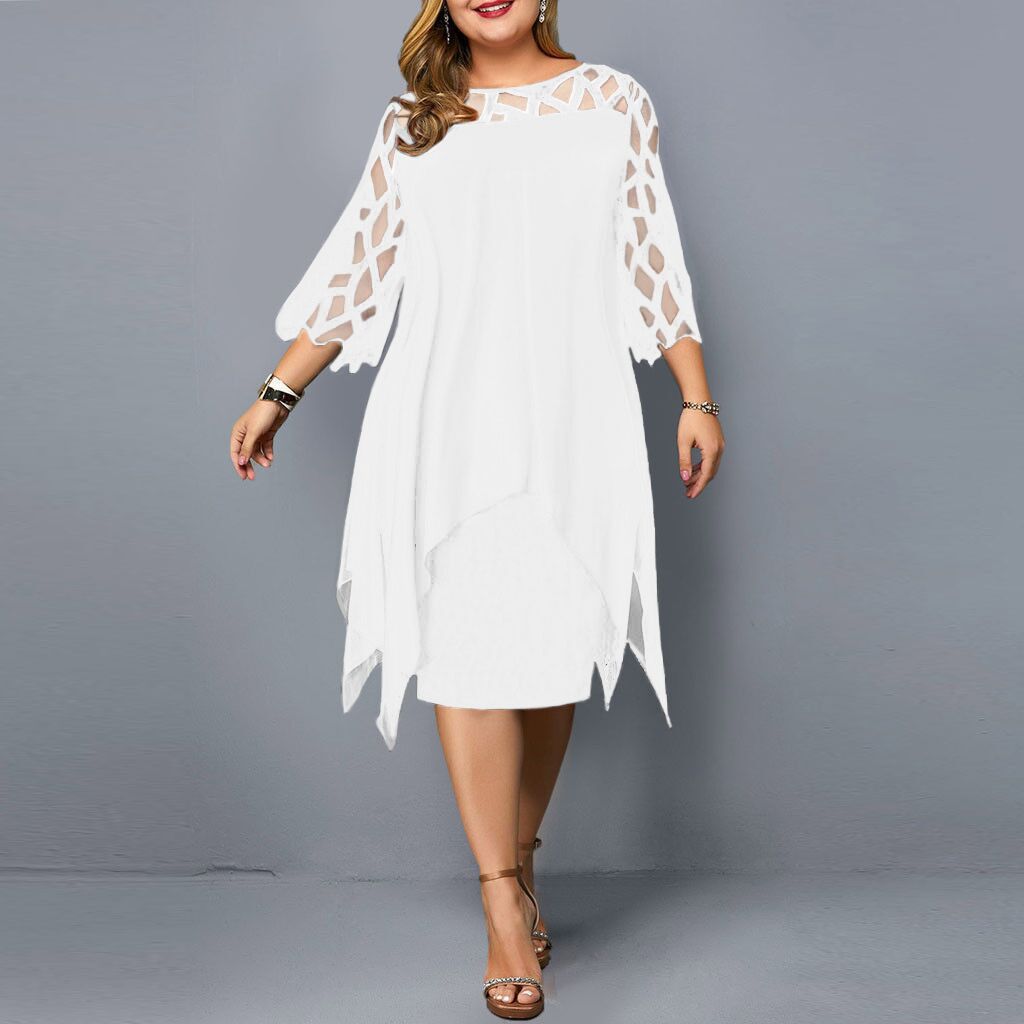 2025 Amazon AliExpress European and American lace splicing seven-quarter sleeve irregular hem chiffon dress spot