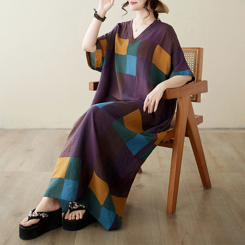 Real shot 2024 summer V-neck cotton and linen large size loose literary holiday wind beach skirt retro long robe woman