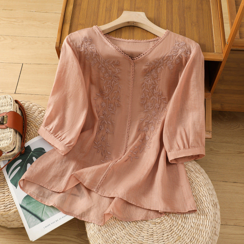 Real shot 2025 summer thin cotton and linen embroidery literary loose V-neck T-shirt shirt top women's clothing