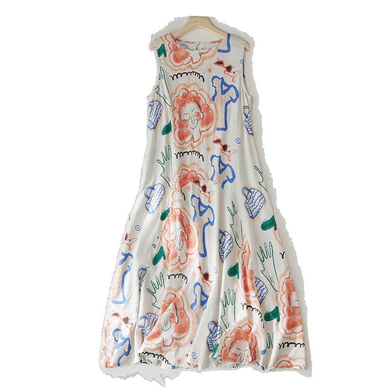 2025 summer new literary loose dopamine graffiti print sleeveless vest dress women