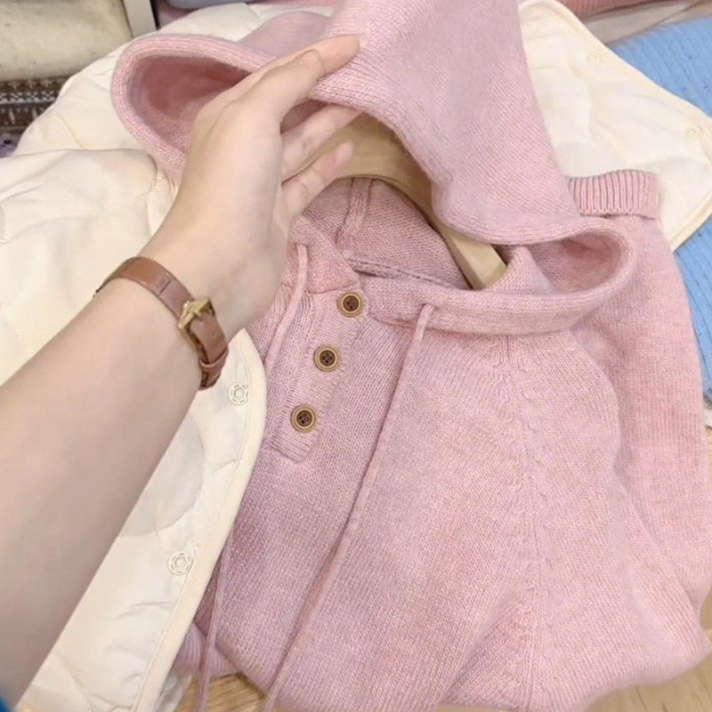 Pink hooded long-sleeved sweater women's 2025 autumn and winter new loose and thin lazy soft waxy commuter versatile top