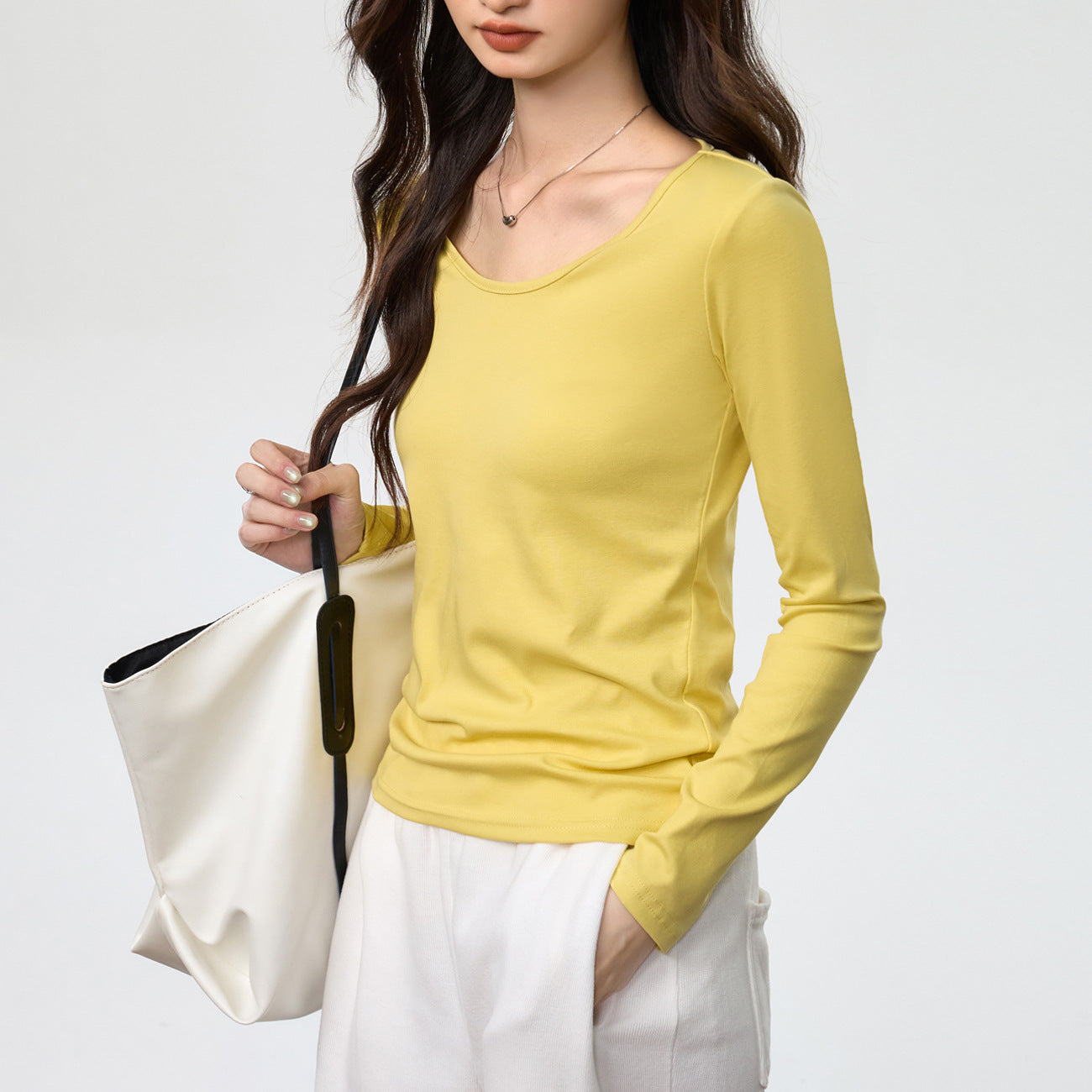 40 combed pure cotton, soft waxy and skin-friendly, round neck solid color simple slim and thin long-sleeved T-shirt women's bottoming shirt top