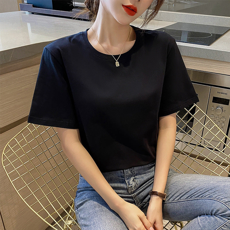 pure cotton loose short-sleeved t-shirt women's meat cover summer solid color summer design sense half-sleeve blue front shoulder thin summer wear