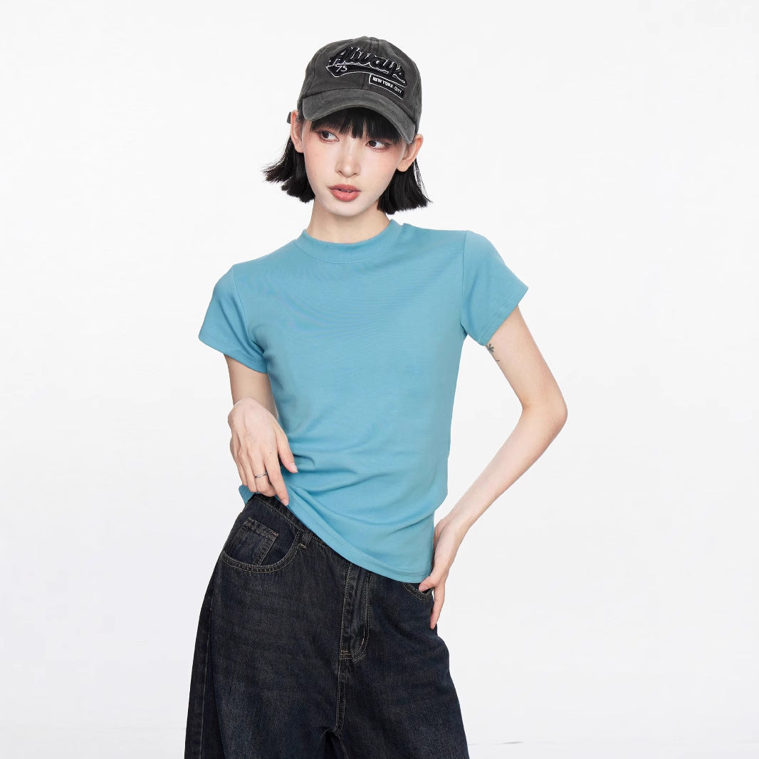 Summer new front shoulder basic short-sleeved t-shirt women's small slim and thin short solid-color top trendy