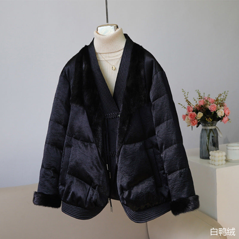 New Chinese-style imported full acetic acid splicing real fur fur goose down clothing V-neck autumn and winter down jacket foreign style advanced sense