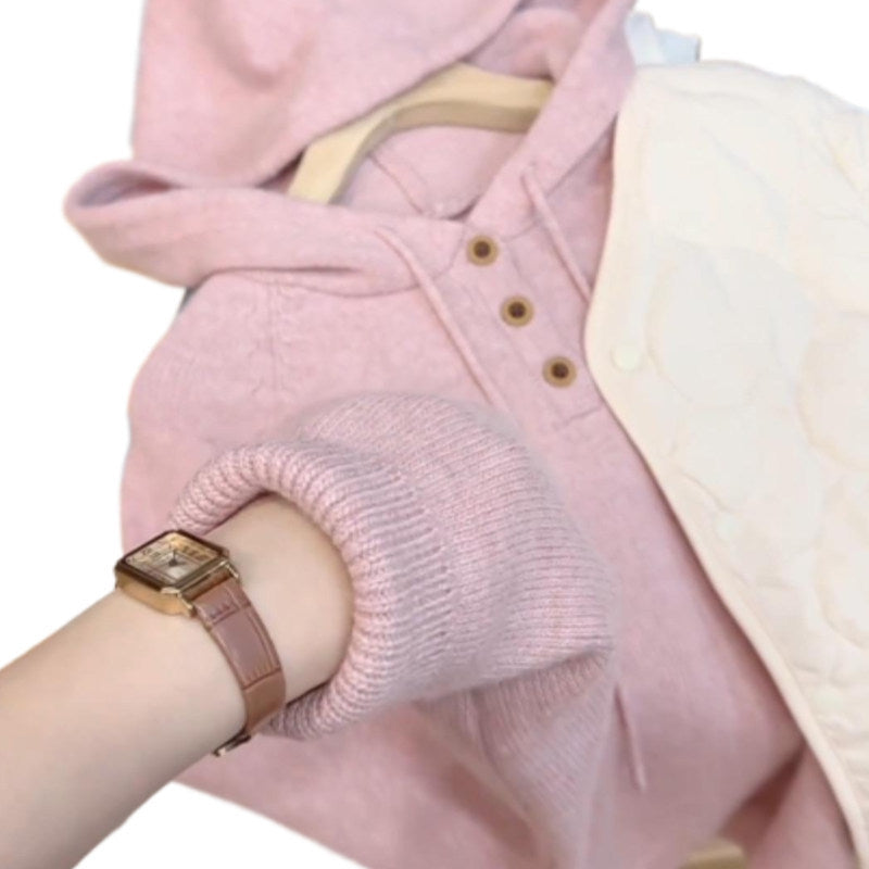 Pink hooded long-sleeved sweater women's 2025 autumn and winter new loose and thin lazy soft waxy commuter versatile top