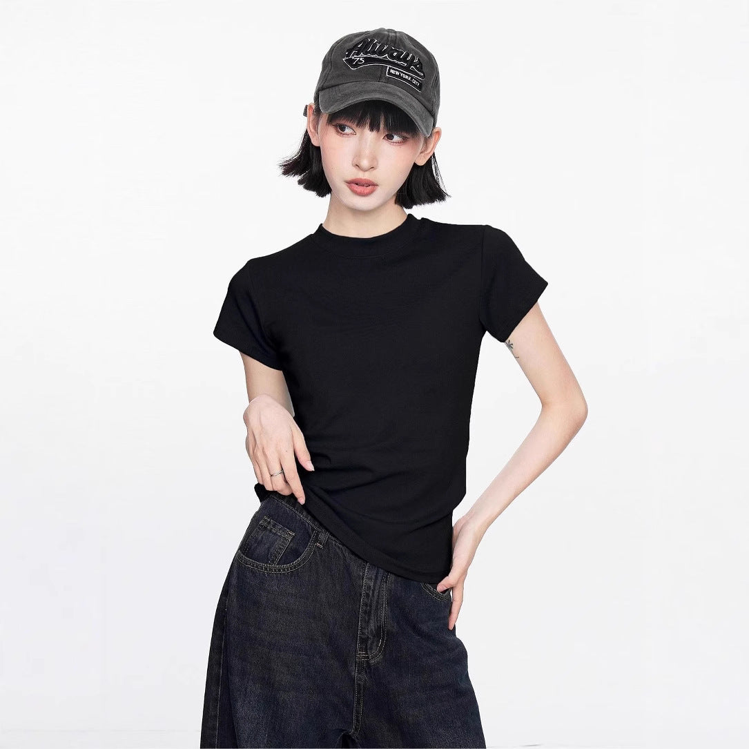 Summer new front shoulder basic short-sleeved t-shirt women's small slim and thin short solid-color top trendy