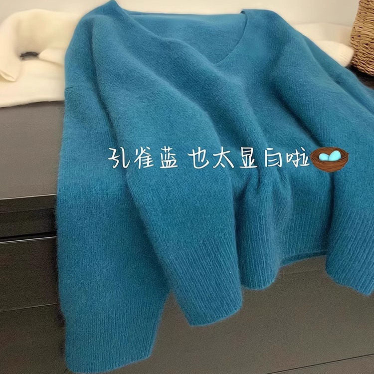 Blue v-neck soft waxy imitation raccoon fleece sweater women's autumn and winter loose lazy wind pullover knitted sweater high-end top