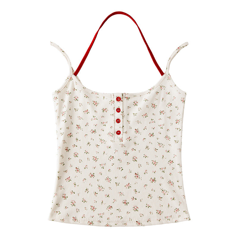 #High Elastic Pure Cotton #Fake Two Pieces Neck Suspender Printed Spice Girl Vest Women's Summer New Sexy Outer Wear Inner Base