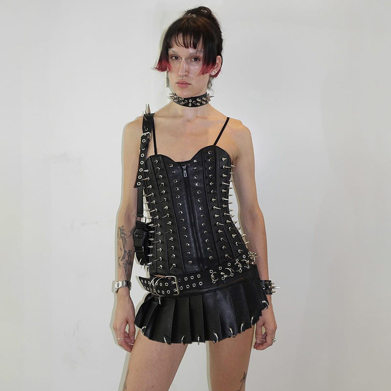 Street Punk Style Irregular Piece Personality Heavy Industry Metal Buckle Leather Skirt Spice Girl Sexy Style Mini Skirt