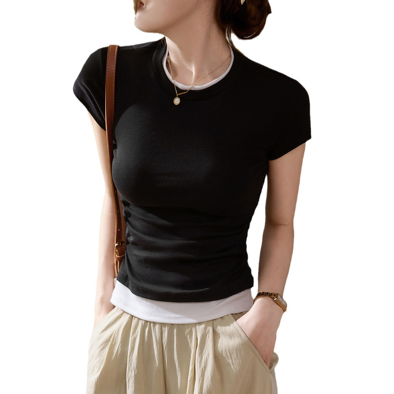 [Selection of pure cotton] Fake two-piece contrasting color short-sleeved T-shirt women's 2026 summer new slim-fit top front shoulder bottoming shirt