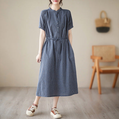 Real shot 2025 summer new simple literary loose and thin small stand-up collar medium and long dress women