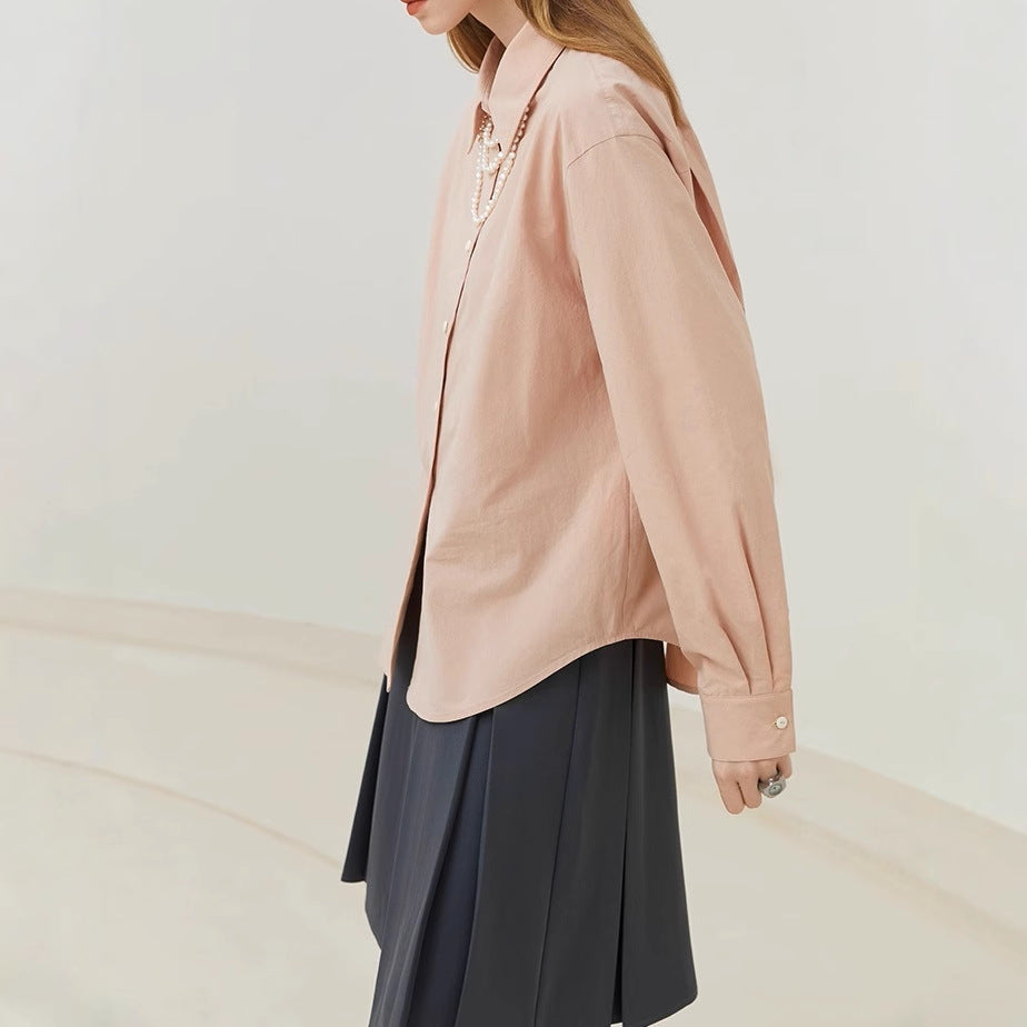 Fanslan Blue Temperament Cotton Long Sleeve Shirt Women's Spring and Autumn French Loose Casual Commuter Top 11190