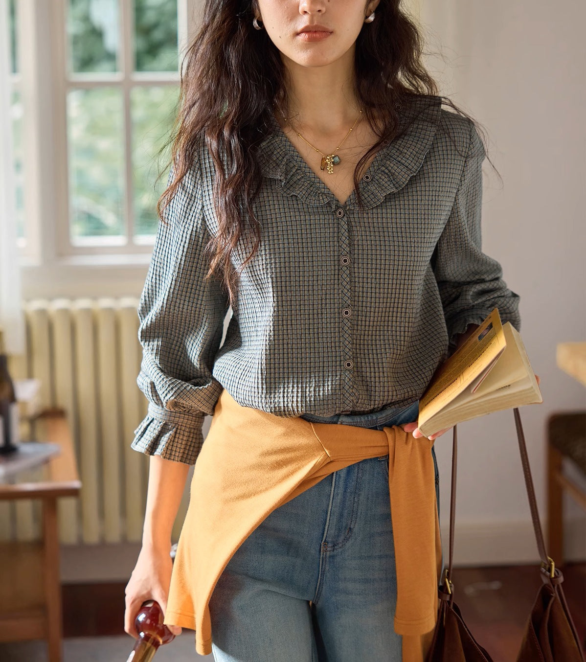 Solighter French Vintage V-Neck Checked Shirt Women's Autumn