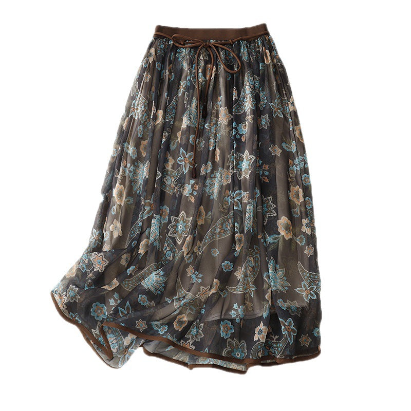 2025 summer new literary loose chiffon floral skirt women's medium and long anti-penetration gauze skirt A-shaped skirt 9018 #