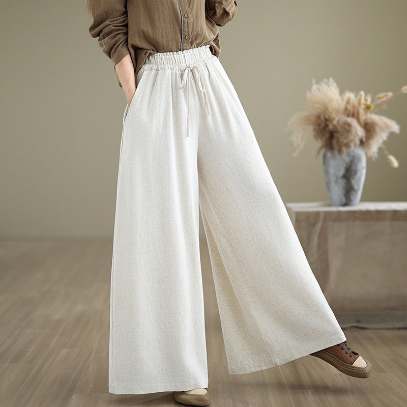Real shot 2025 summer new cotton and linen loose and simple casual wide-leg pants elastic waist lace-up straight pants women