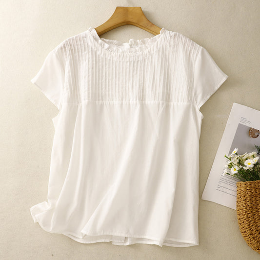 The real shot will be in the summer of 2025. The new rear-breasted front and rear two wear splicing loose large-size age-reducing short-sleeved shirts and tops.