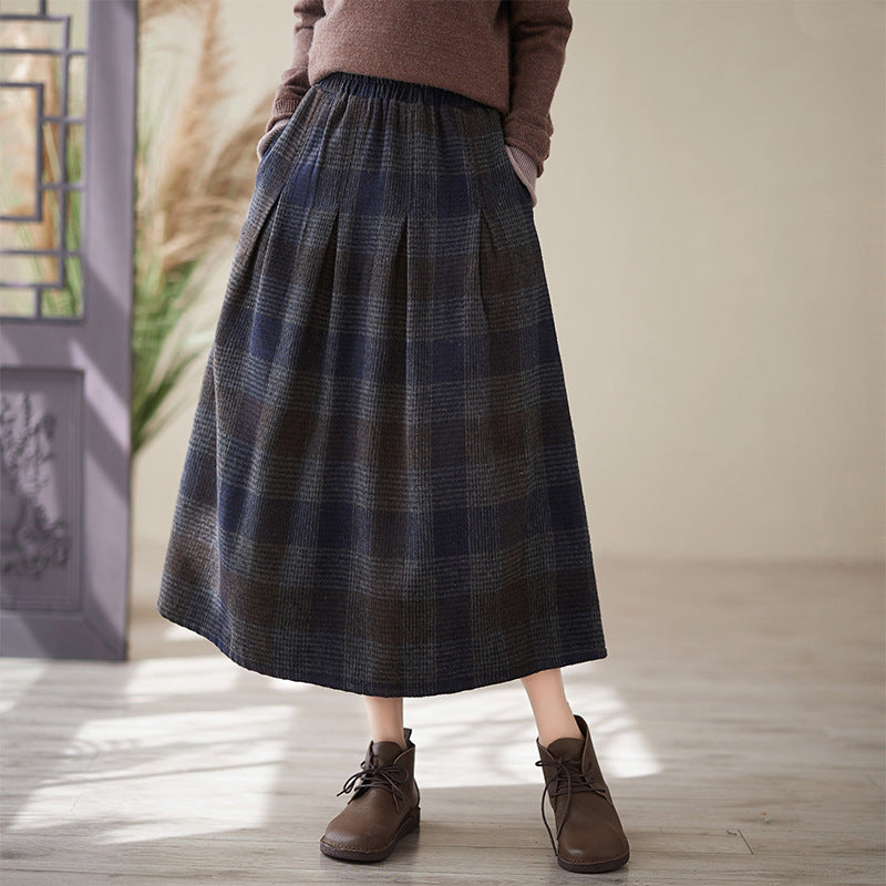 Real shot 2024 autumn new literary loose plaid elastic waist skirt women's medium and long A-shaped skirt #3730