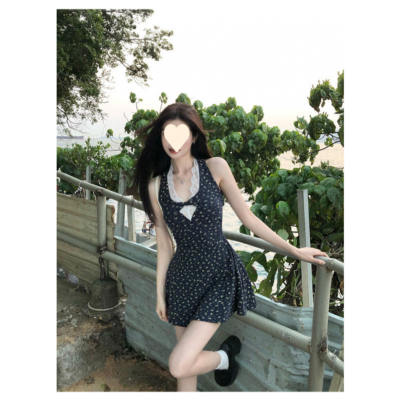 French pure desire wind sleeveless fake two-piece lace splicing floral dress children's design waist skirt summer