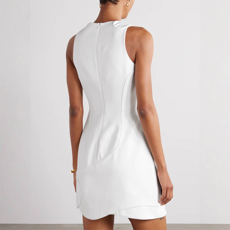 New cross-border star women's clothing of the same style, solid color evening dress, small short skirt, sleeveless, sexy suspender design dress