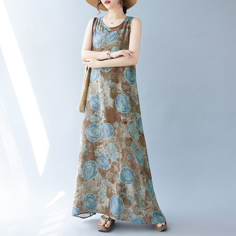 Real shot 2025 summer new bohemian literary loose round neck print sleeveless dress women's medium and long