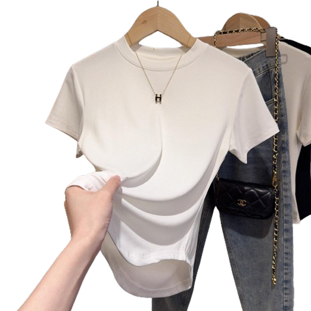 Threaded white t-shirt women's 2025 new slim-fit inner shoulder t-shirt short-sleeved curved hem small crew neck top