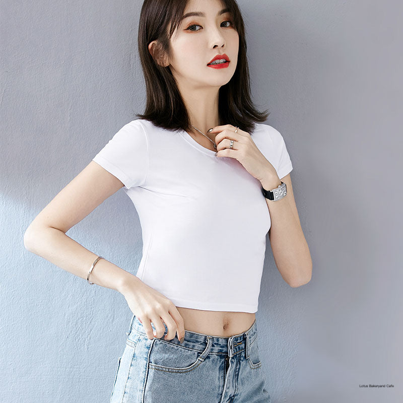 White slim-fitting open-navel short-sleeved T-shirt women's Korean version of versatile high-waisted ultra-short sweet and cool style beautiful chic top summer