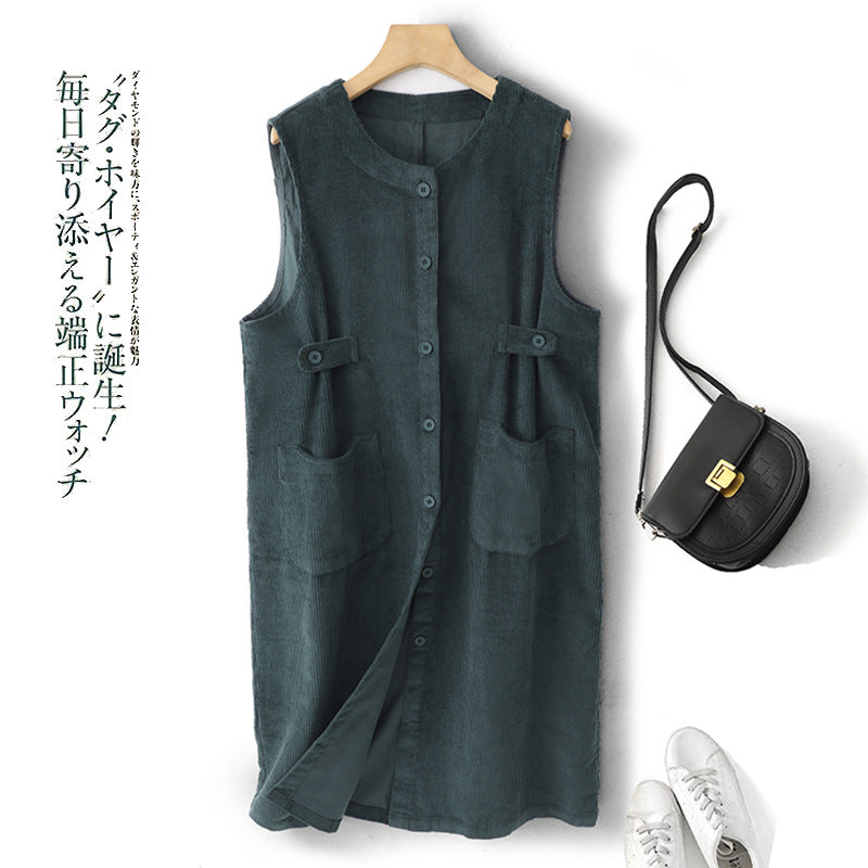Retro solid color corduroy sleeveless dress women's autumn 2025 new medium and long cardigan vest skirt