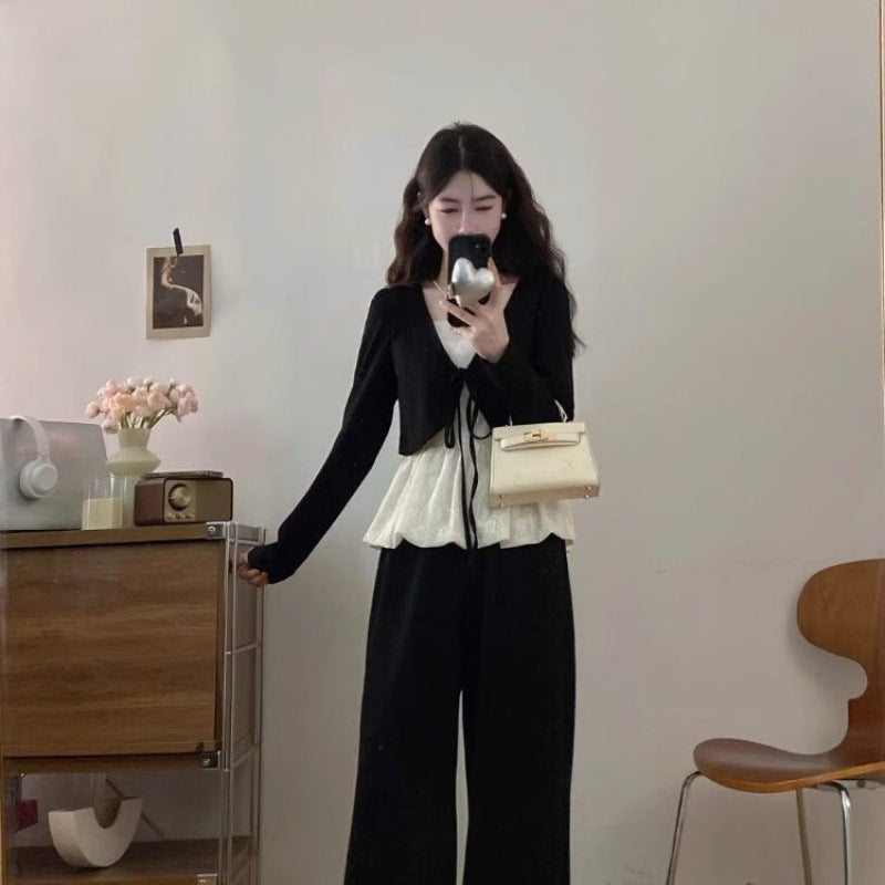 Fat MM plus-size new temperament gentle wind lace spliced strappy top + high-waisted flesh-covering skirt two-piece set