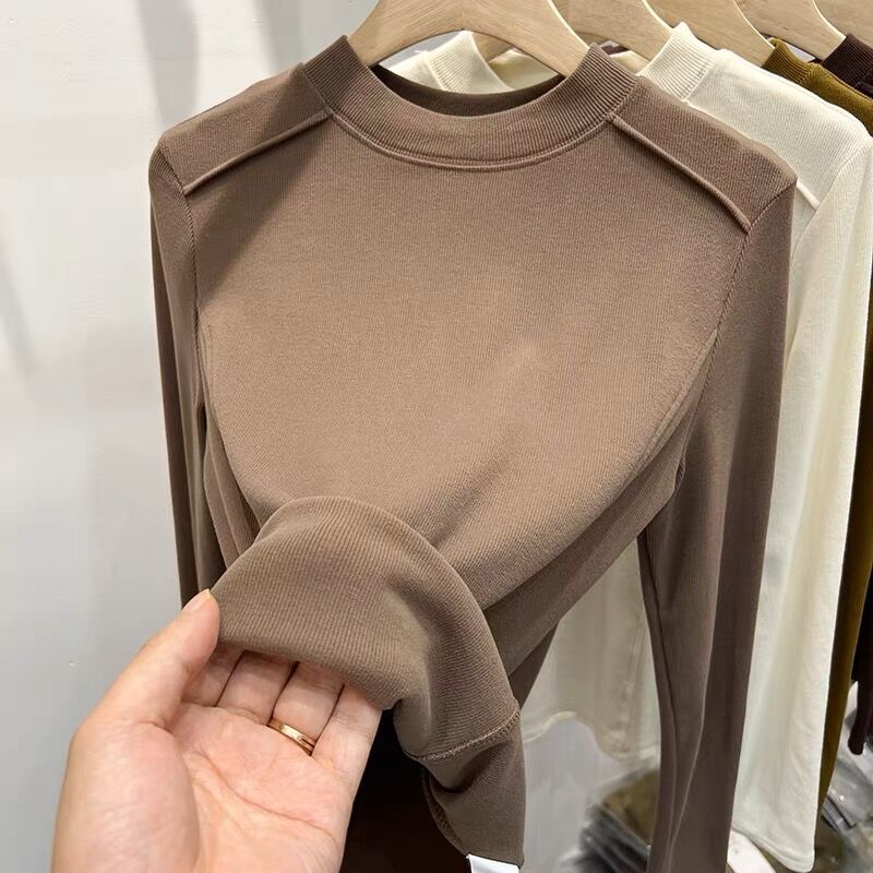 Three-dimensional line polished thin velvet T-shirt bottoming shirt women's autumn and winter new thin threaded cotton long-sleeved top T-shirt