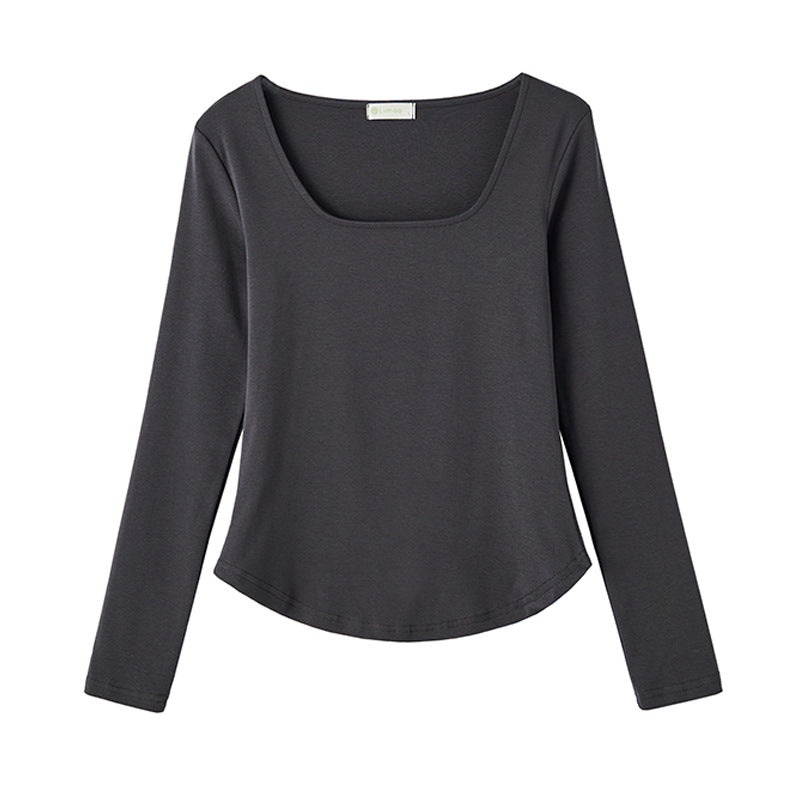 #Selection of pure cotton #square neck T-shirt women's long-sleeved 2026 autumn clothing new irregular curved slim-fitting and thin bottoming shirt