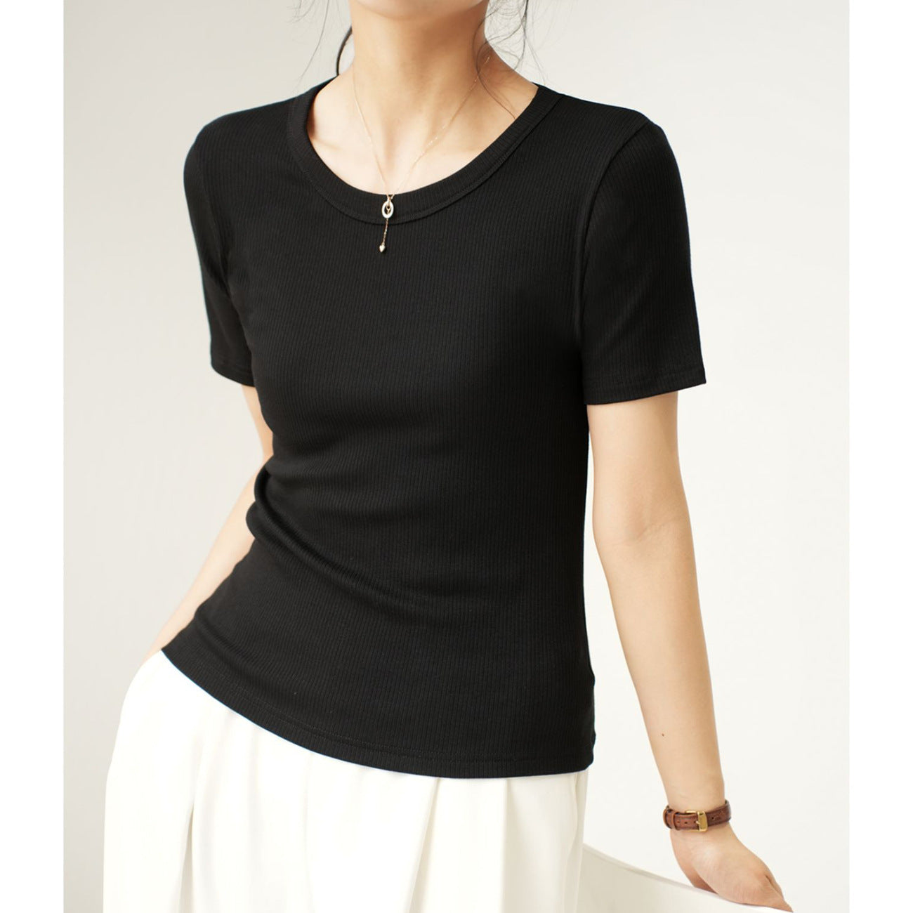 [Selection of Excellent Cotton] Medium Sleeve T-Shirt Women's 2026 Summer Clothing New Crew Neck Slim-fit Versatile Short Sleeve Top Bottom Shirt