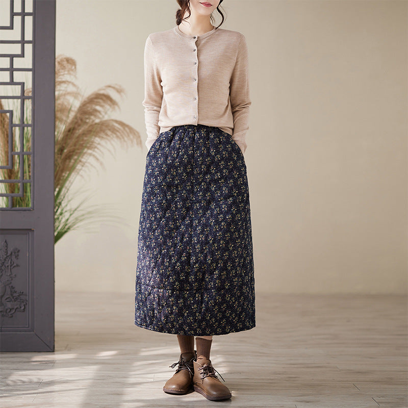 Real shot 2025 winter new casual thickened printed skirt women's medium and long windshield cotton skirt #3726