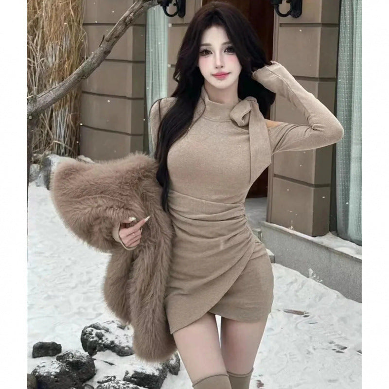 Pure desire hot girl bow off-the-shoulder long sleeve base dress women's autumn and winter new inner fit, slim and slim hip skirt