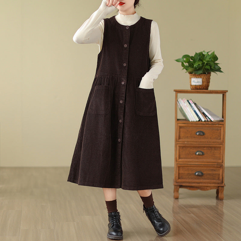 Real shot 2025 spring new literary loose solid color corduroy sleeveless dress women's vest skirt single piece 8386