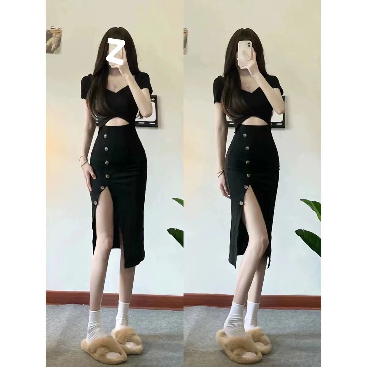 Sexy, light and familiar, pure desire style design sense, Spice Girl Royal Sister, black short-sleeved split-ended hip-wrapped dress, female waist and thin
