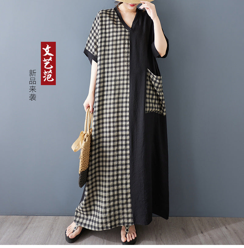 Real shot 2025 summer thin cotton and linen printing thin V-neck short-sleeved contrasting color splicing black long dress length 133