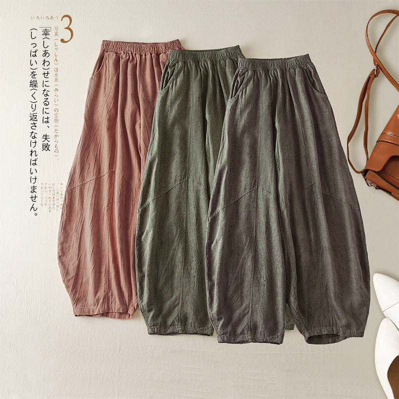 Real shot 2024 summer thin cotton and linen retro bloomers casual loose zen straight radish trousers women