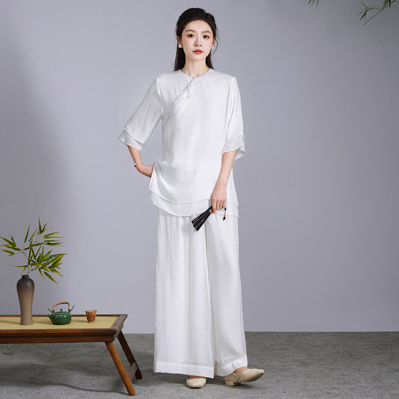 2025 Women's Yoga Clothing Set Ethnic Style Improved Chinese Top Women's Zen Clothing Cotton and Linen Chinese Style Class Clothing Tea