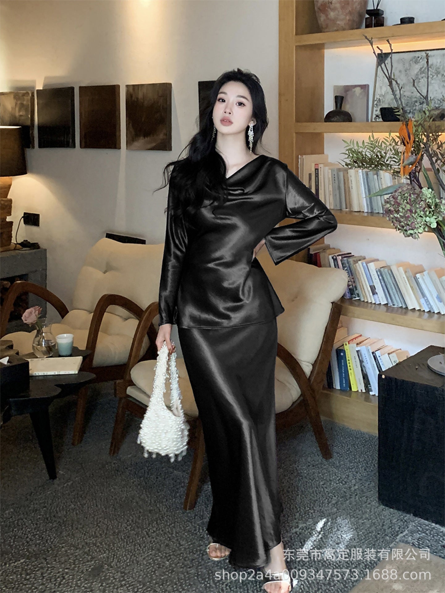 Haute couture 100% acetic acid champagne color rich daughter gold swing neck satin long-sleeved top women's retro temperament looking thin early autumn