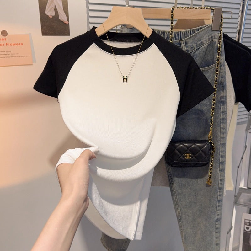 apricot versatile small stand-up collar short-sleeved T-shirt for women's 2025 summer new Korean tight and thin ice silk t-shirt