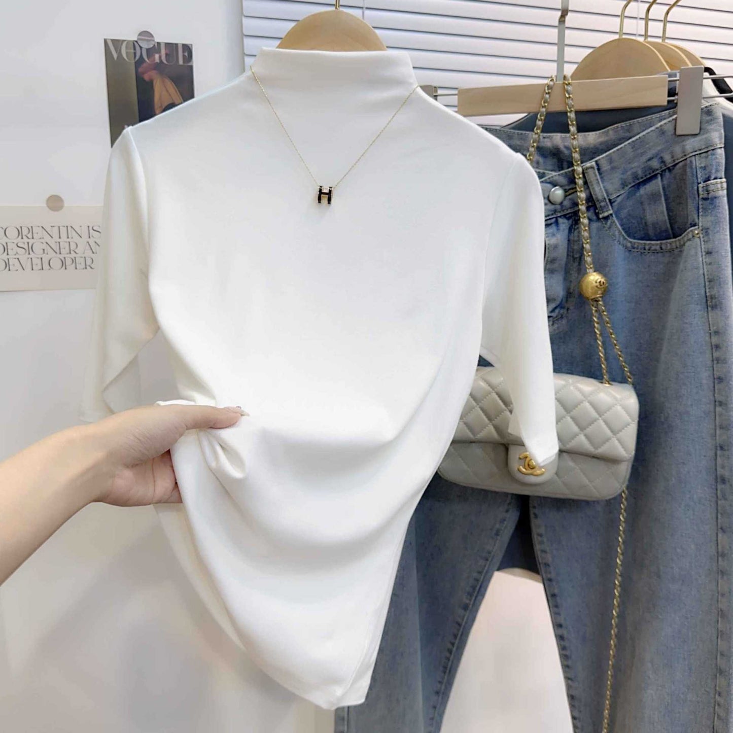 Medium-sleeved threaded bottoming shirt women's semi-turtleneck slim-fitting inner 2025 new five-quarter-sleeved spring and summer foreign-style versatile top