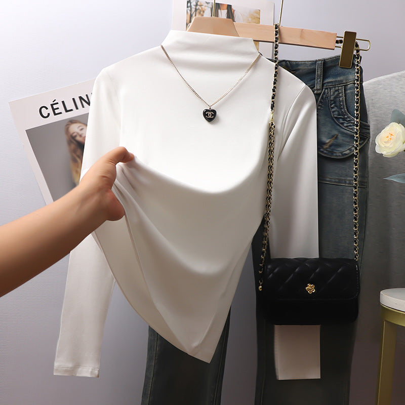 Black threaded semi-turtleneck long-sleeved bottoming shirt for women's 2025 autumn and winter new models with high-end fleece thickened top inside