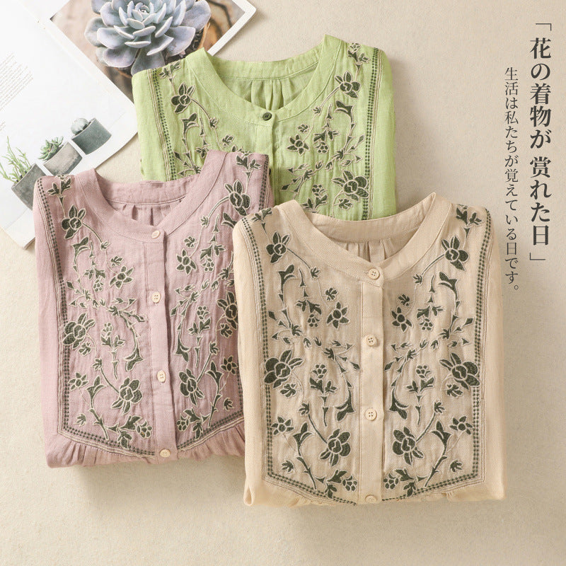 Real shot 2025 summer new cotton and linen literary retro embroidery stand-up collar single-breasted shirt embroidered top women