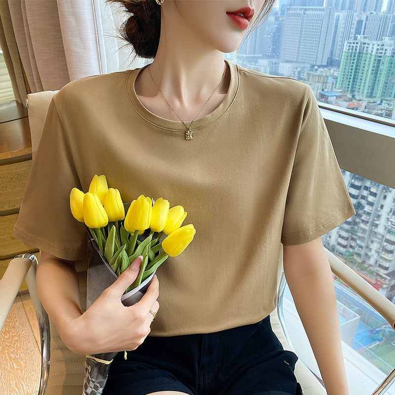 Half-sleeved pure cotton loose short-sleeved t-shirt women's light green age-reducing versatile round neck summer solid color top casual commuting