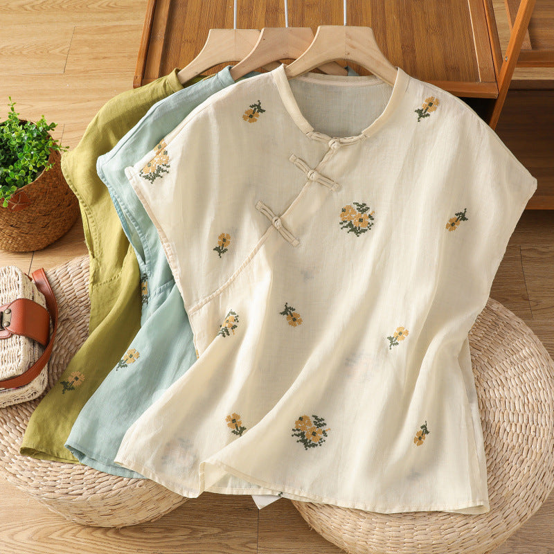 Cotton and linen embroidered shirt top 2025 summer thin round neck literary loose casual pullover shirt women