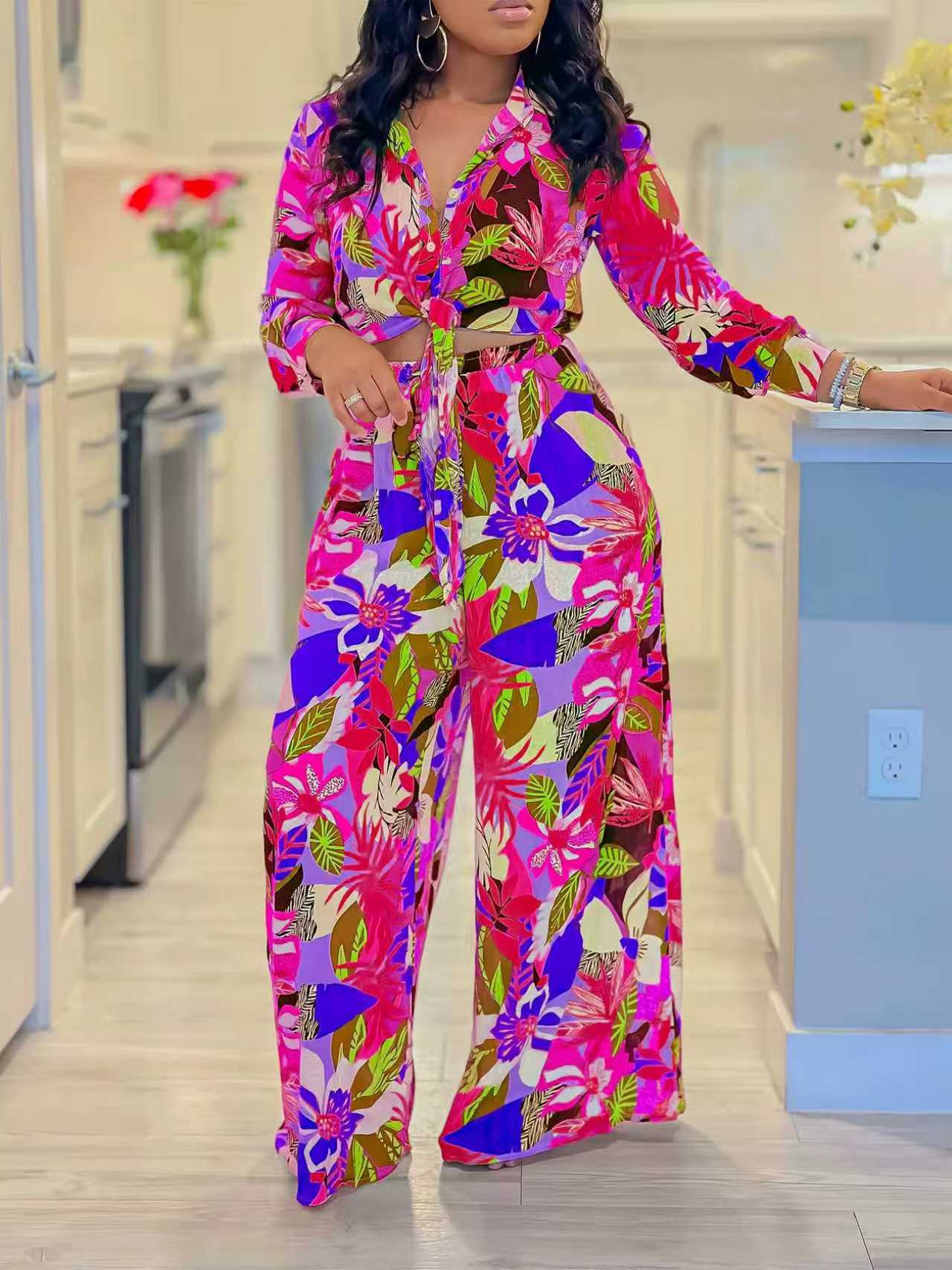 2025 foreign trade women's clothing Amazon's new fashion printing two-piece set lapel strap shirt wide-leg pants set